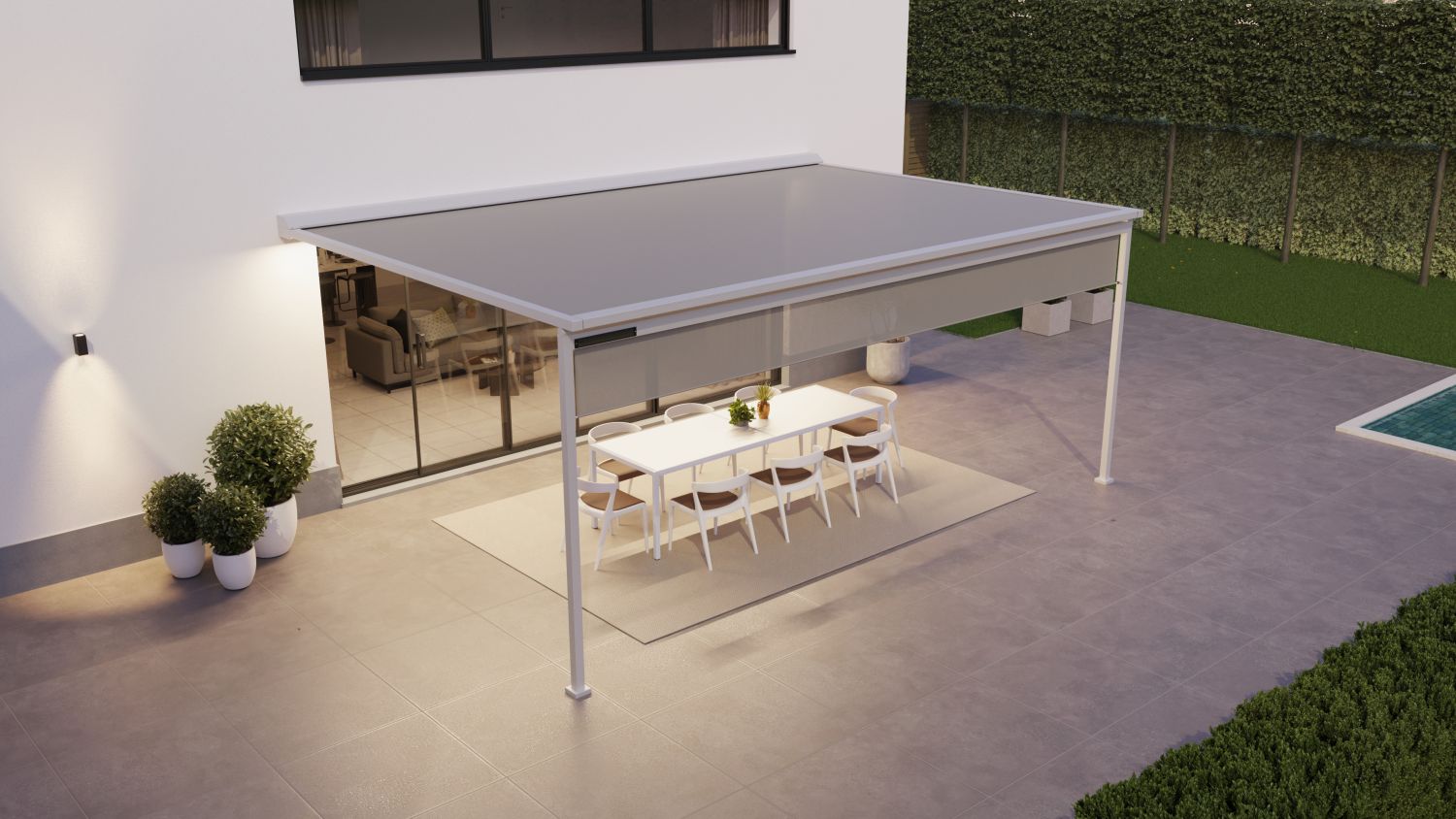 Terrassenlösung mit moderner Pergola und klarer Dachstruktur